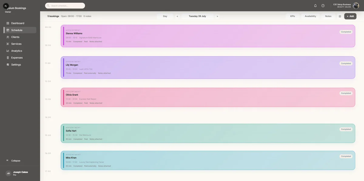 Elysium desktop day calendar with a full set of colour-coded appointments